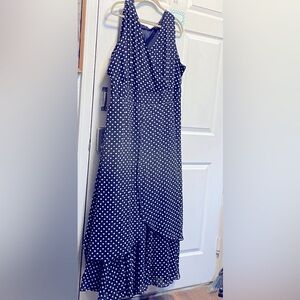 Elegant Navy Polka Dot Dress. Jessica London fly away maxi